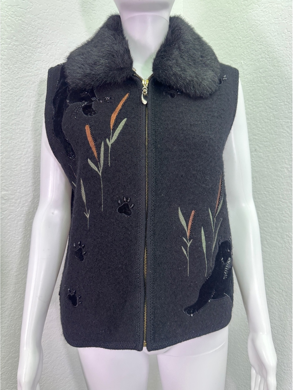 VTG Y2K Women’s Sz M Black Boiled Wool Faux Fur Panther Vest Cat Lady Animals